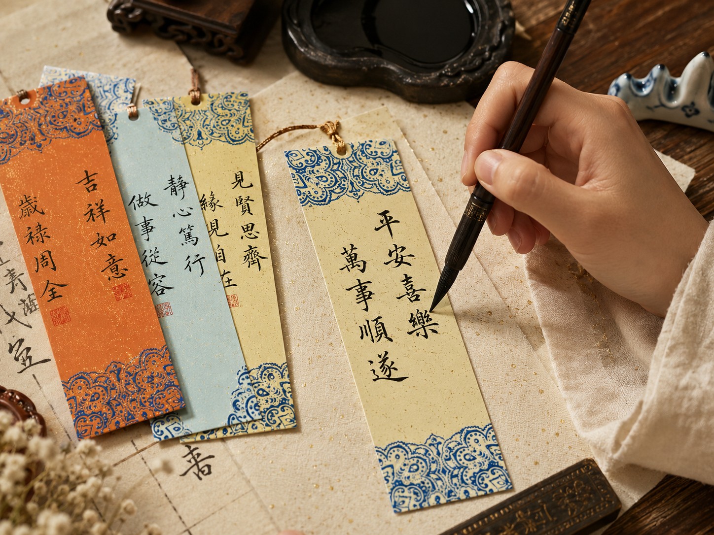 Calligraphy bookmark being written by hand